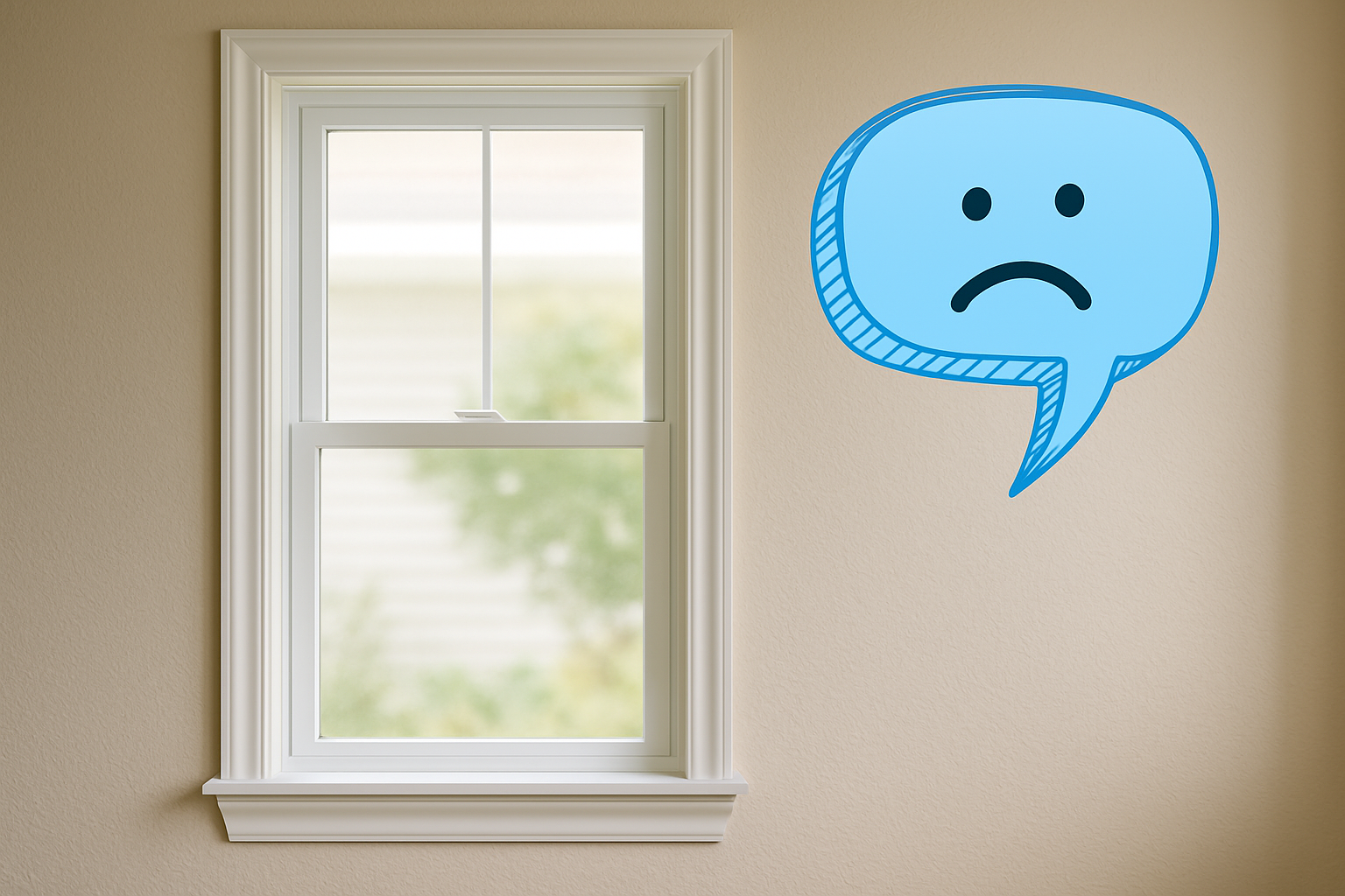 window with a sad emoticon in a chat bubble next to it